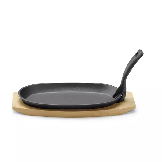 HENDI Gietijzeren schaal met houten onderlegger en greep Zwart, 280x140x(H)30mm - 629383